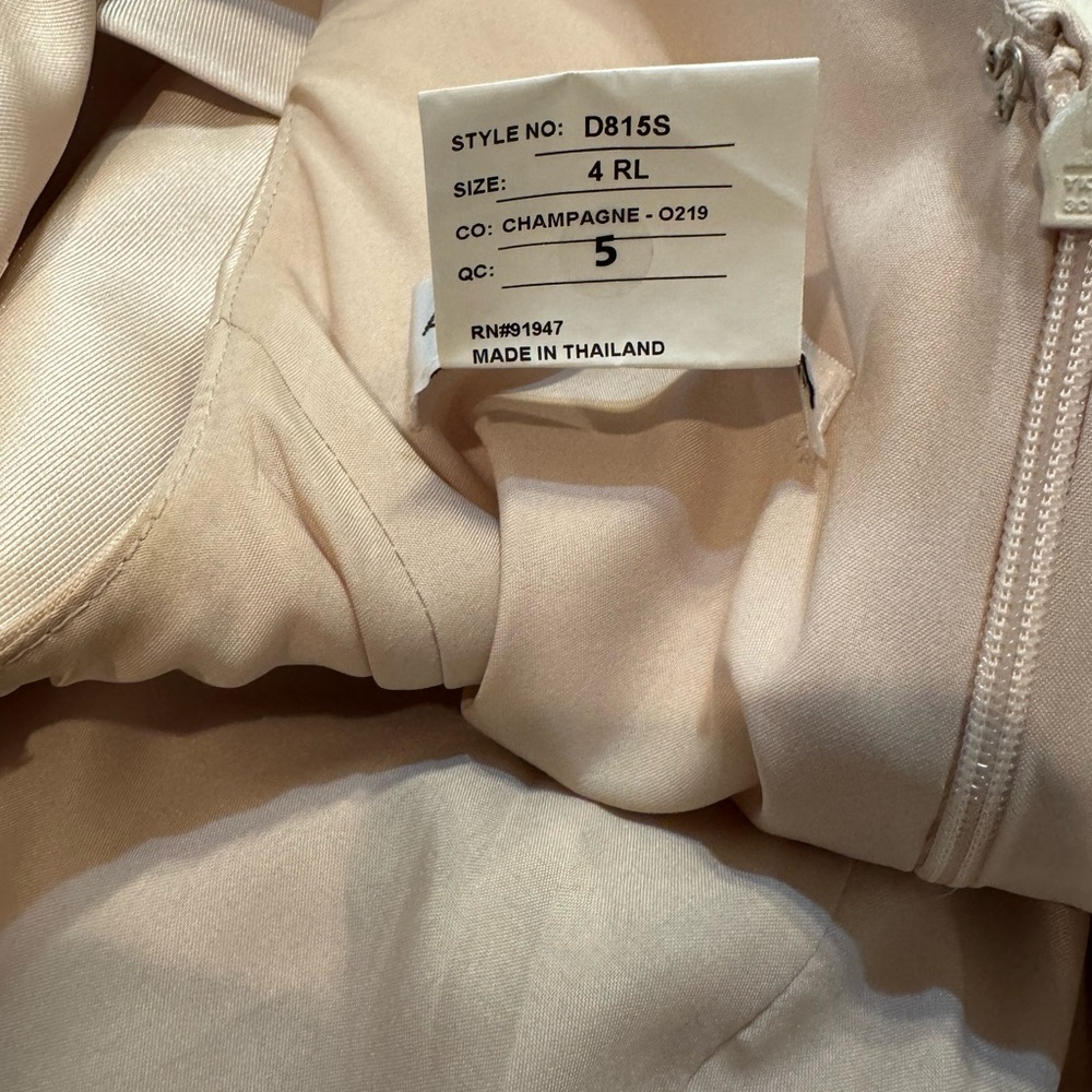 Alfred Sung bridesmaids dress, champagne color with belt at waist
